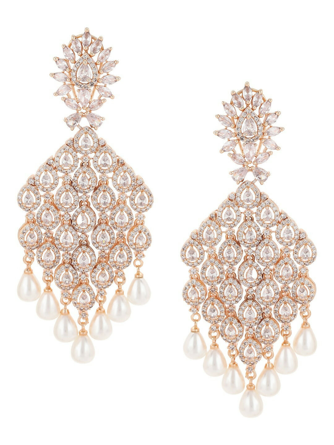 Rose Gold Long Earrings with Pearl Drops- Ruby Raang