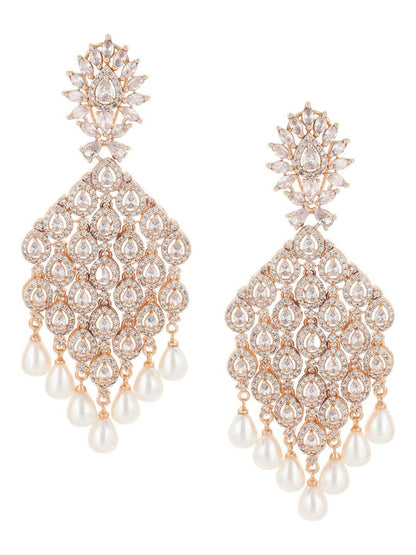 Rose Gold Long Earrings with Pearl Drops- Ruby Raang