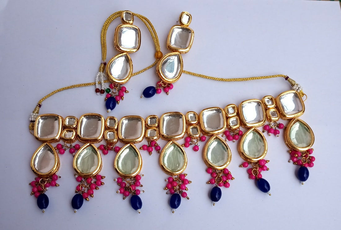 Joban Fashion Pink & Blue Kundan Work Necklace Set