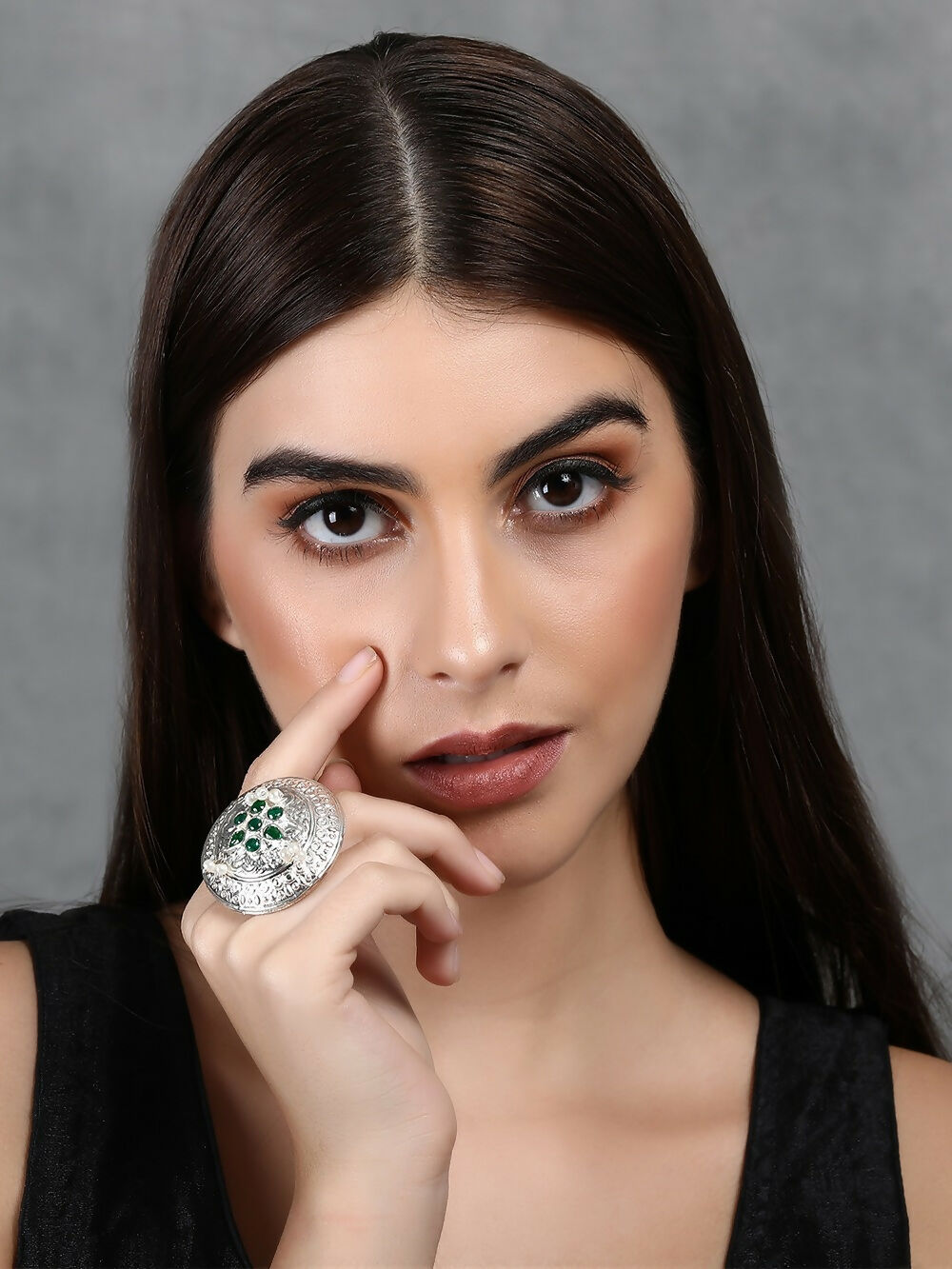 Joban Fashion Women Green Stone Silver Tone Ring