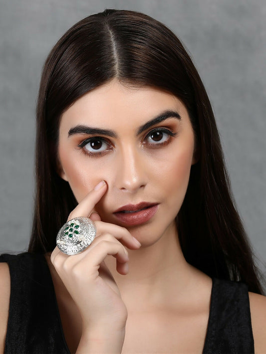 Joban Fashion Women Green Stone Silver Tone Ring