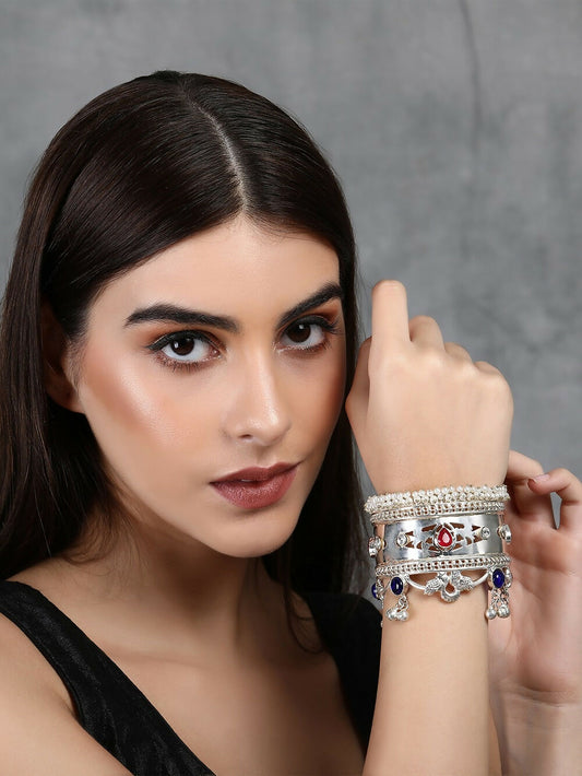 Joban Fashion Women Multicolor Stones Silver Tone Bangle