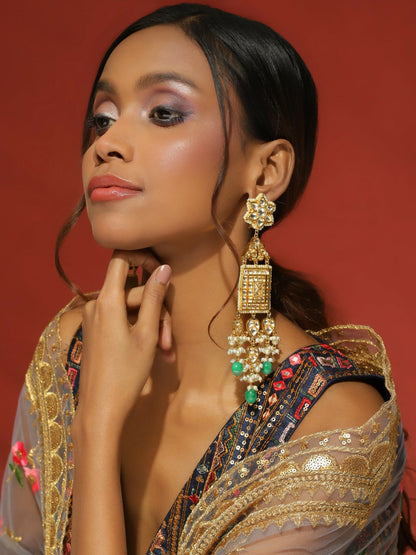 Long Kundan Earrings with Green Stone- Ruby Raang