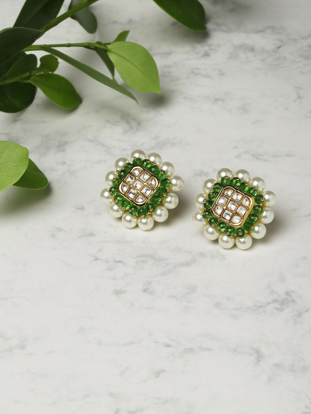 Pearl Kundan Studs with Green Stone Detailing- Ruby Raang