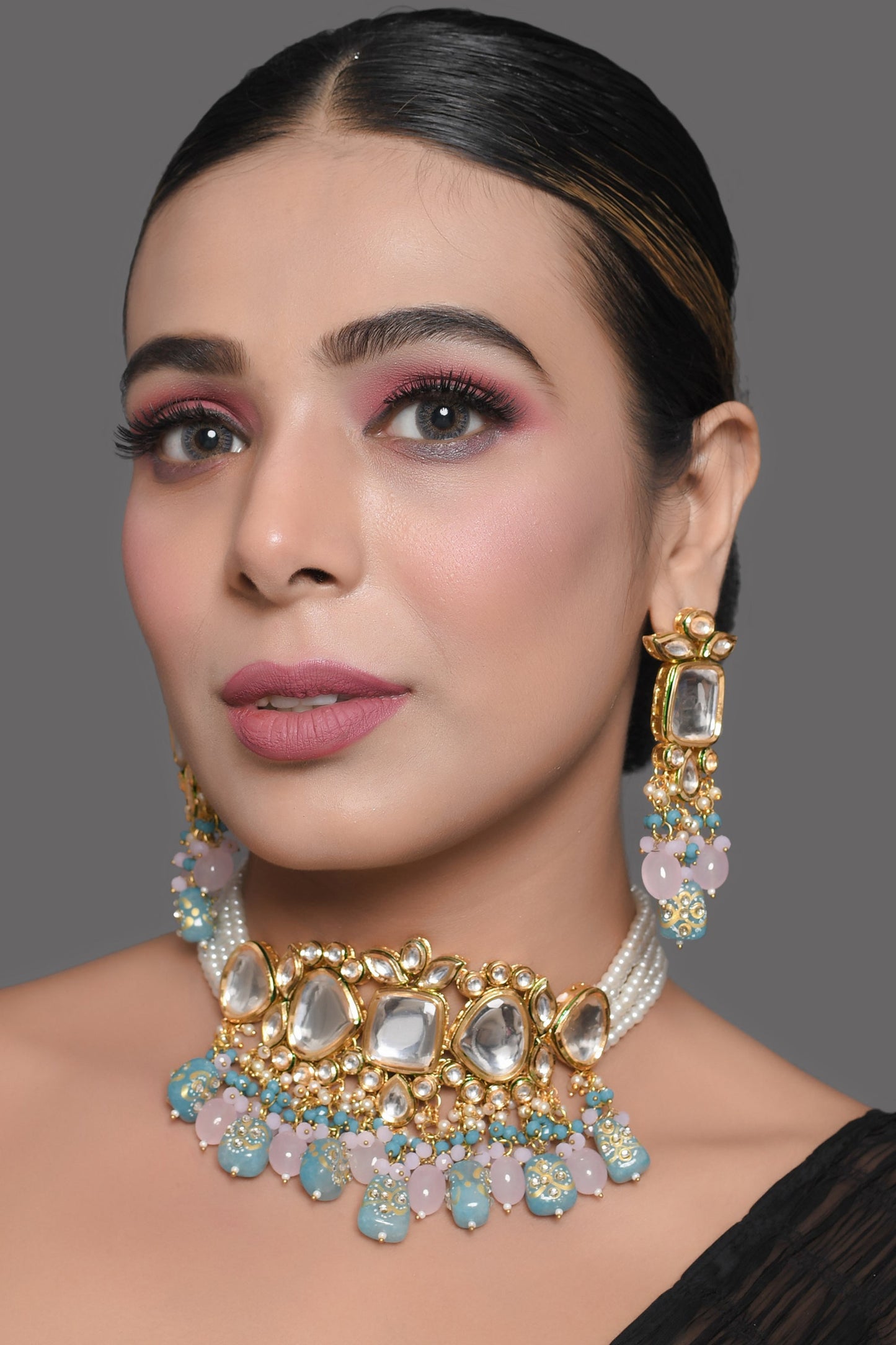 Tanjore Beaded Kundan Pastel Blue and Pink Necklace with Earrings