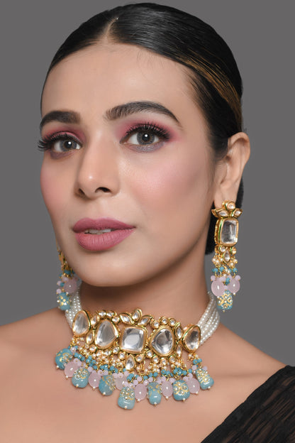 Tanjore Beaded Kundan Pastel Blue and Pink Necklace with Earrings