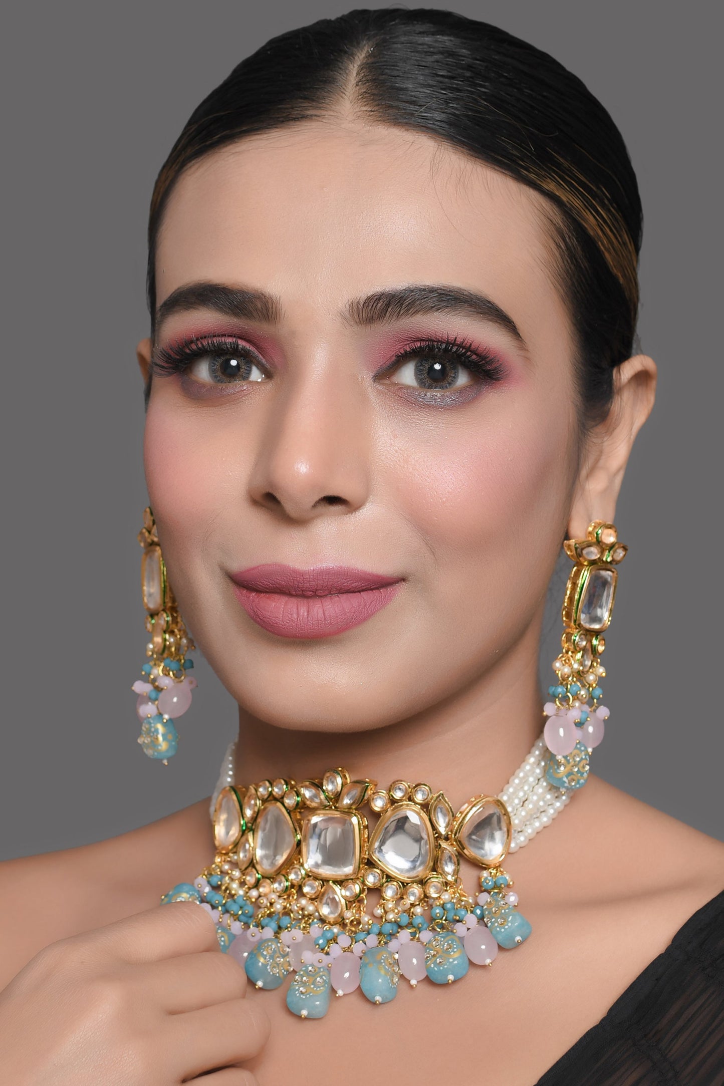 Tanjore Beaded Kundan Pastel Blue and Pink Necklace with Earrings