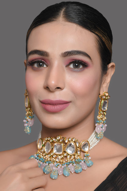 Tanjore Beaded Kundan Pastel Blue and Pink Necklace with Earrings