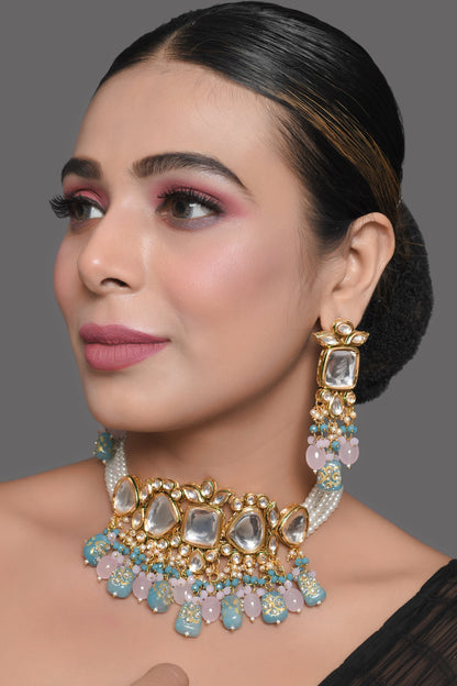 Tanjore Beaded Kundan Pastel Blue and Pink Necklace with Earrings