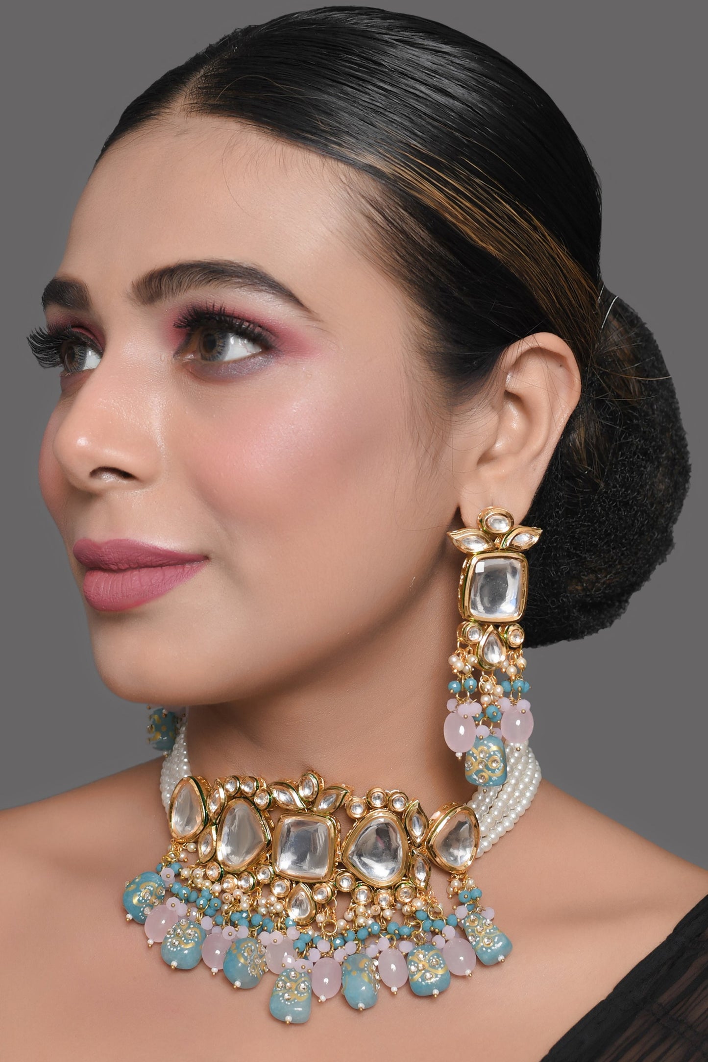 Tanjore Beaded Kundan Pastel Blue and Pink Necklace with Earrings