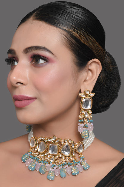 Tanjore Beaded Kundan Pastel Blue and Pink Necklace with Earrings