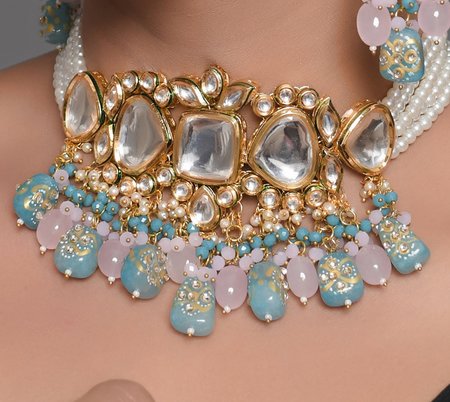 Tanjore Beaded Kundan Pastel Blue and Pink Necklace with Earrings