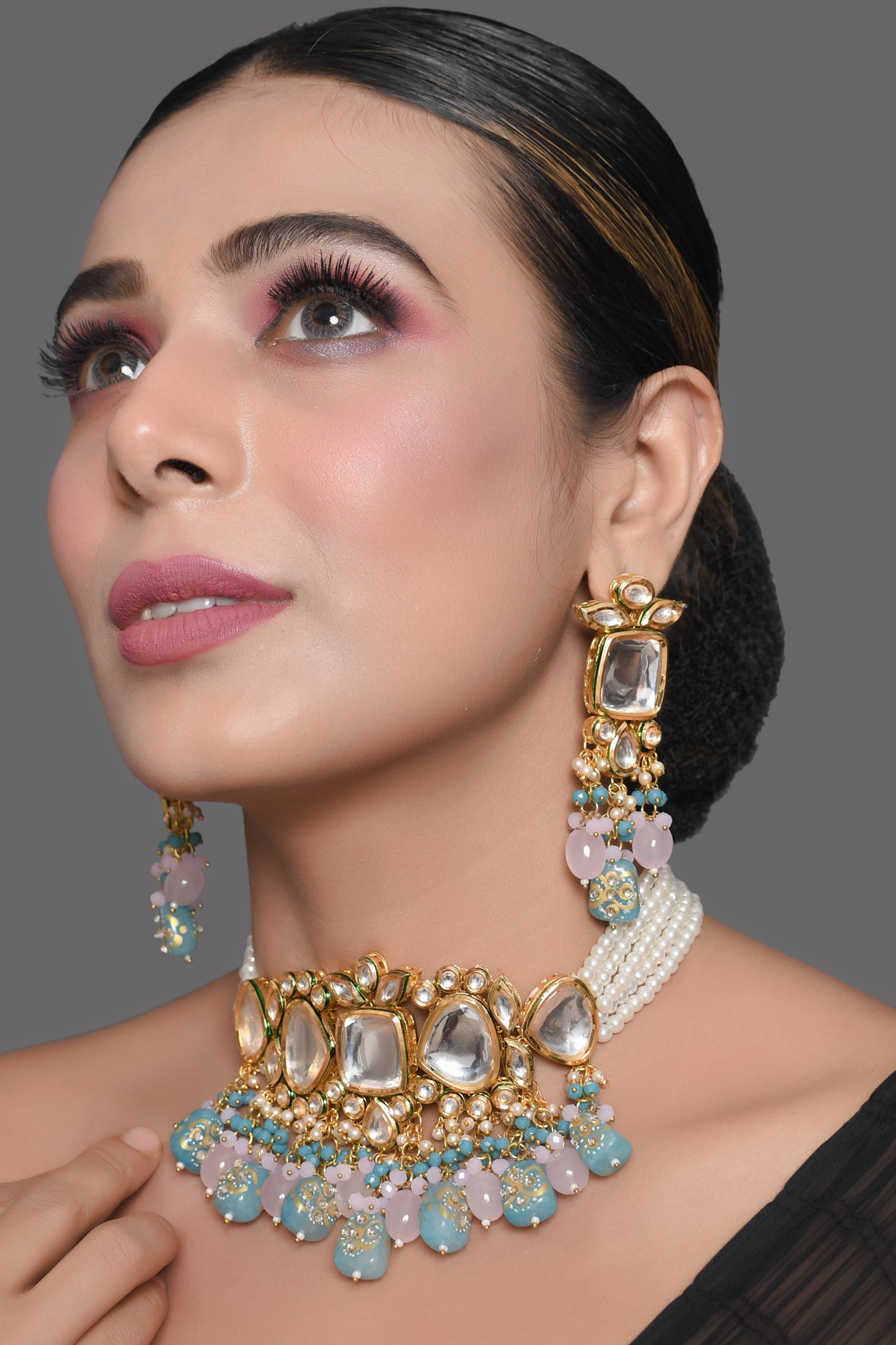 Tanjore Beaded Kundan Pastel Blue and Pink Necklace with Earrings