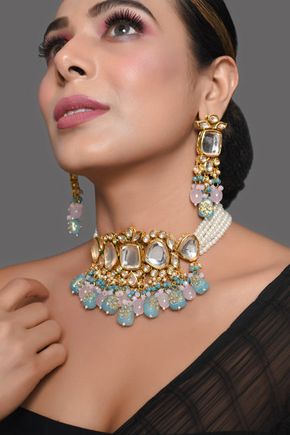Tanjore Beaded Kundan Pastel Blue and Pink Necklace with Earrings