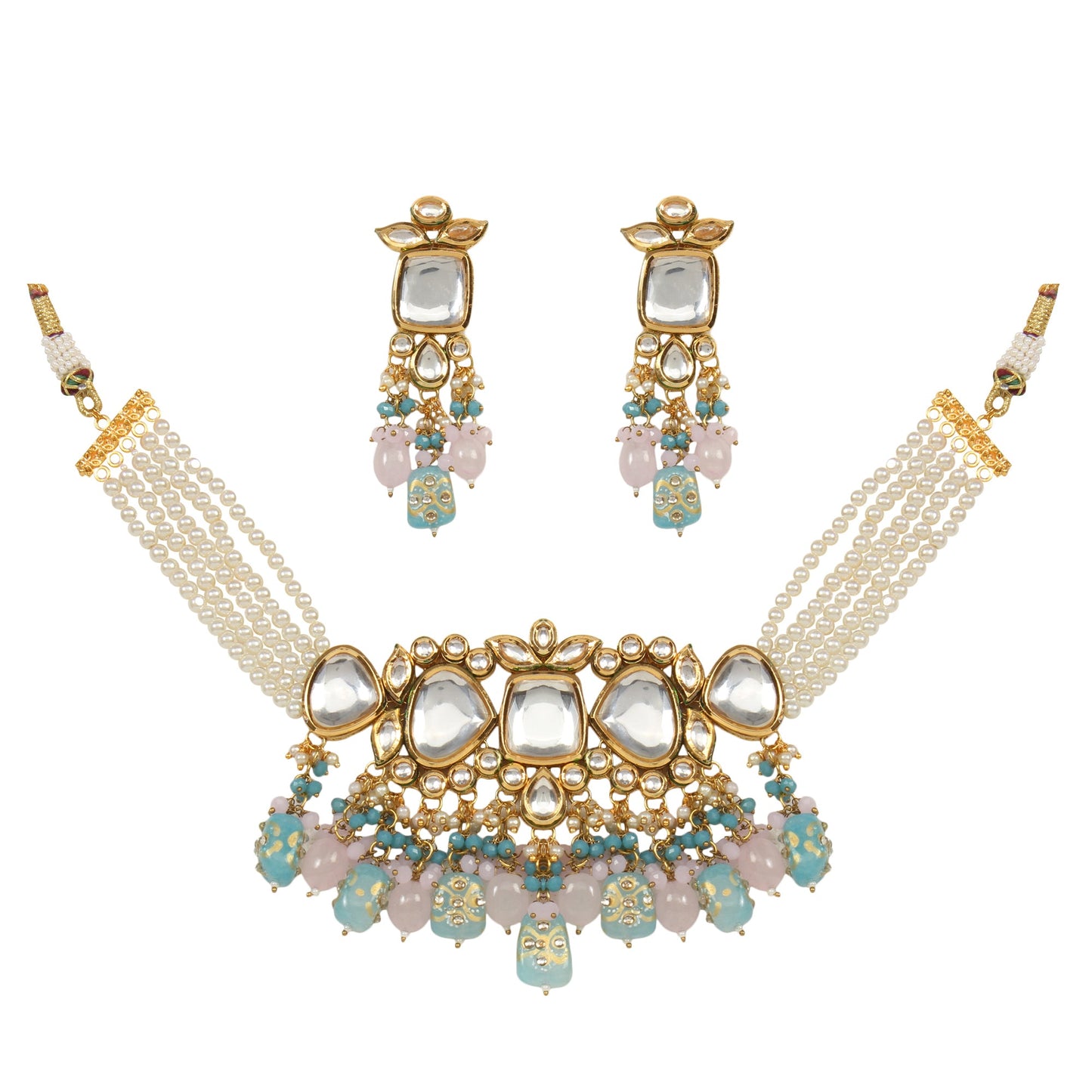 Tanjore Beaded Kundan Pastel Blue and Pink Necklace with Earrings