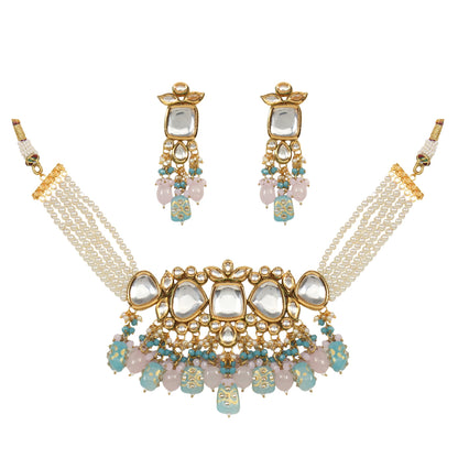 Tanjore Beaded Kundan Pastel Blue and Pink Necklace with Earrings
