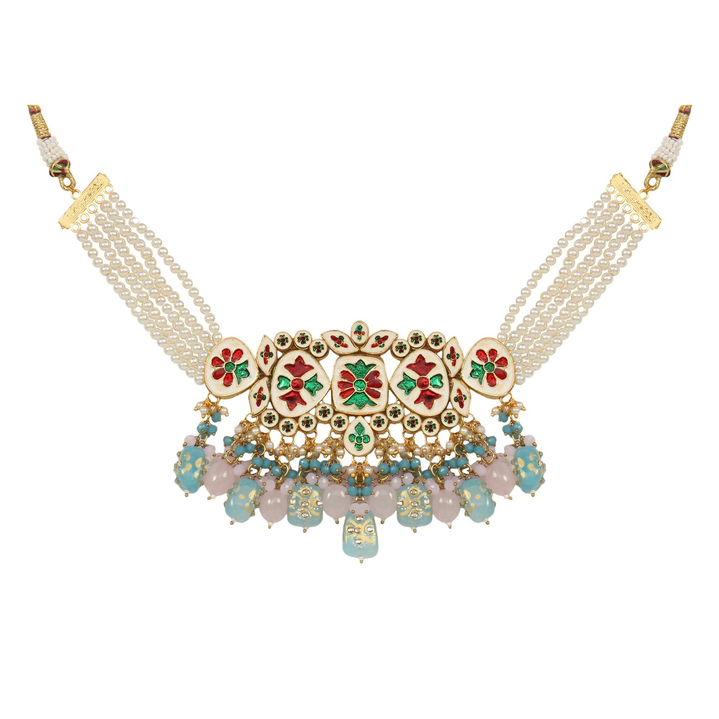 Tanjore Beaded Kundan Pastel Blue and Pink Necklace with Earrings