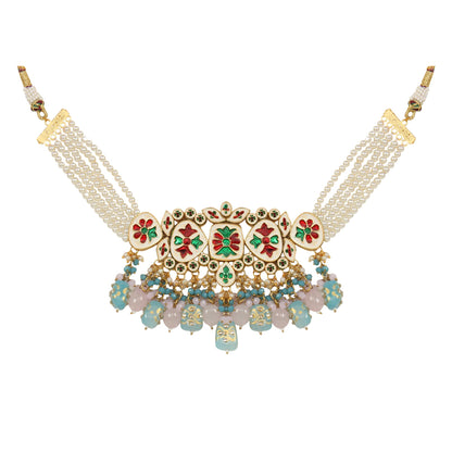 Tanjore Beaded Kundan Pastel Blue and Pink Necklace with Earrings