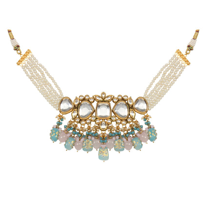 Tanjore Beaded Kundan Pastel Blue and Pink Necklace with Earrings