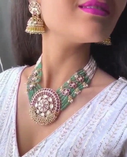 Traditional Antique Kundan Polki Necklace Set with Earrings for Women
