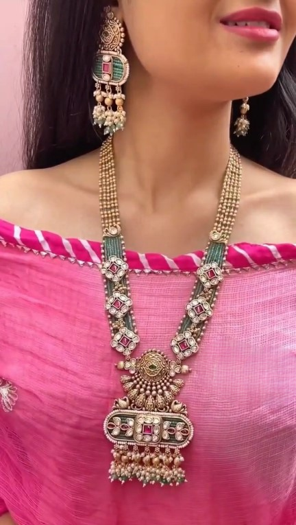 Traditional Kundan Red Stone Floral Long Necklace Set for Women