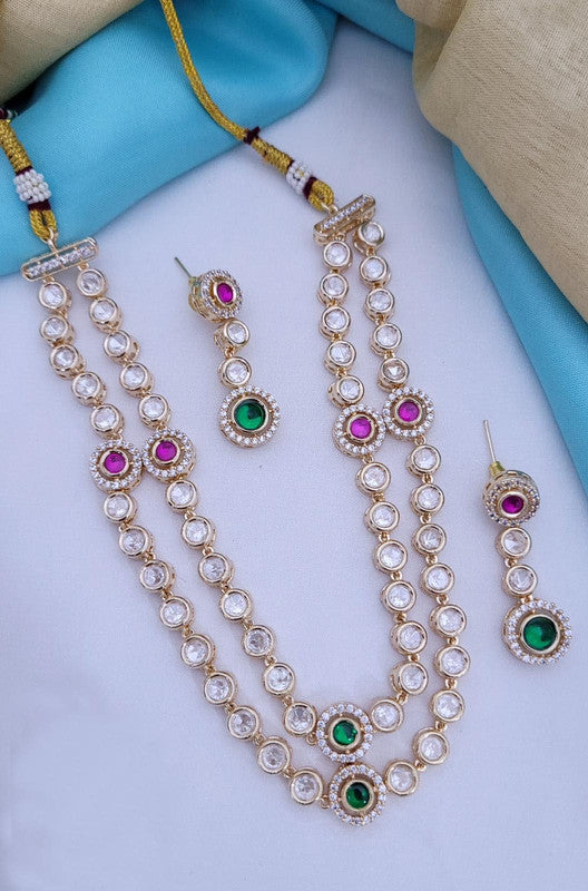 Two Layered Polki Stone Necklace Set with Earrings