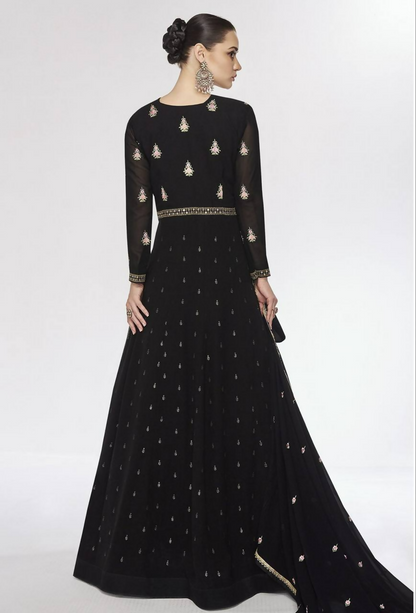 Lorenvalley Fashion Black Faux Georgette Embroidery Work Gown Jacket Stitched