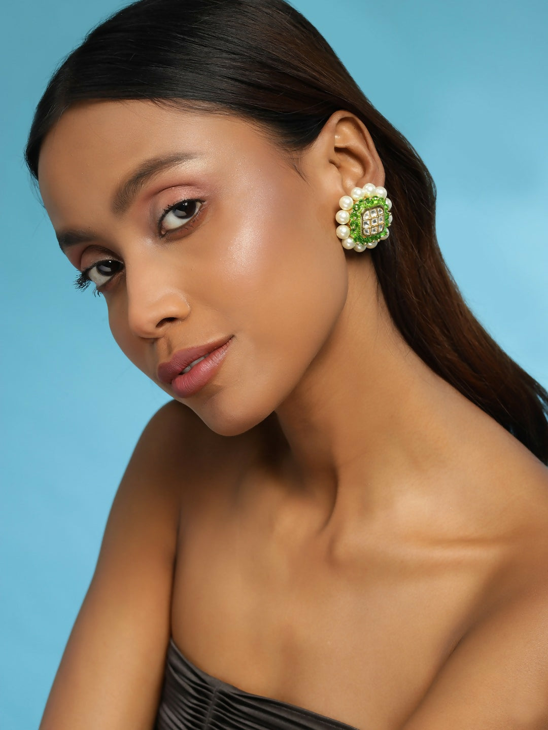 Pearl Kundan Studs with Green Stone Detailing- Ruby Raang