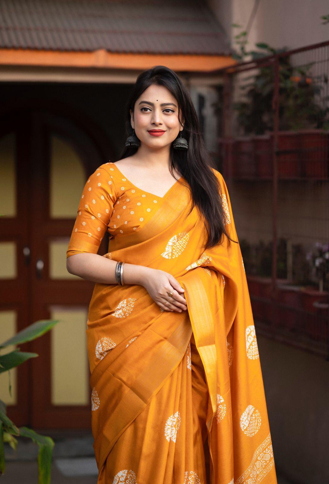 Mustard Cotton Crepe Batik Print Saree with Unstitched Blouse - Hiral Fashion