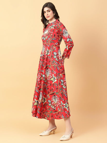 Joban Fashion Red Cotton Printed & Hand Work Dress