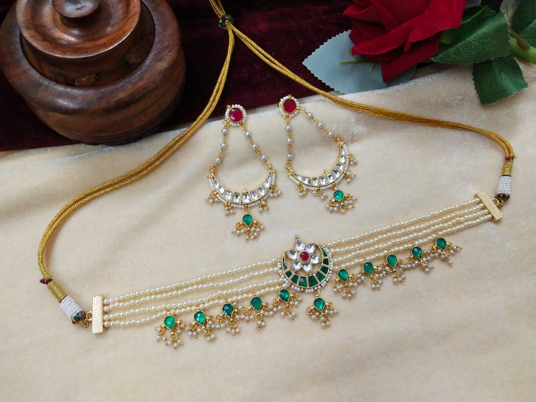 White Beads Kundan Meena Choker Set