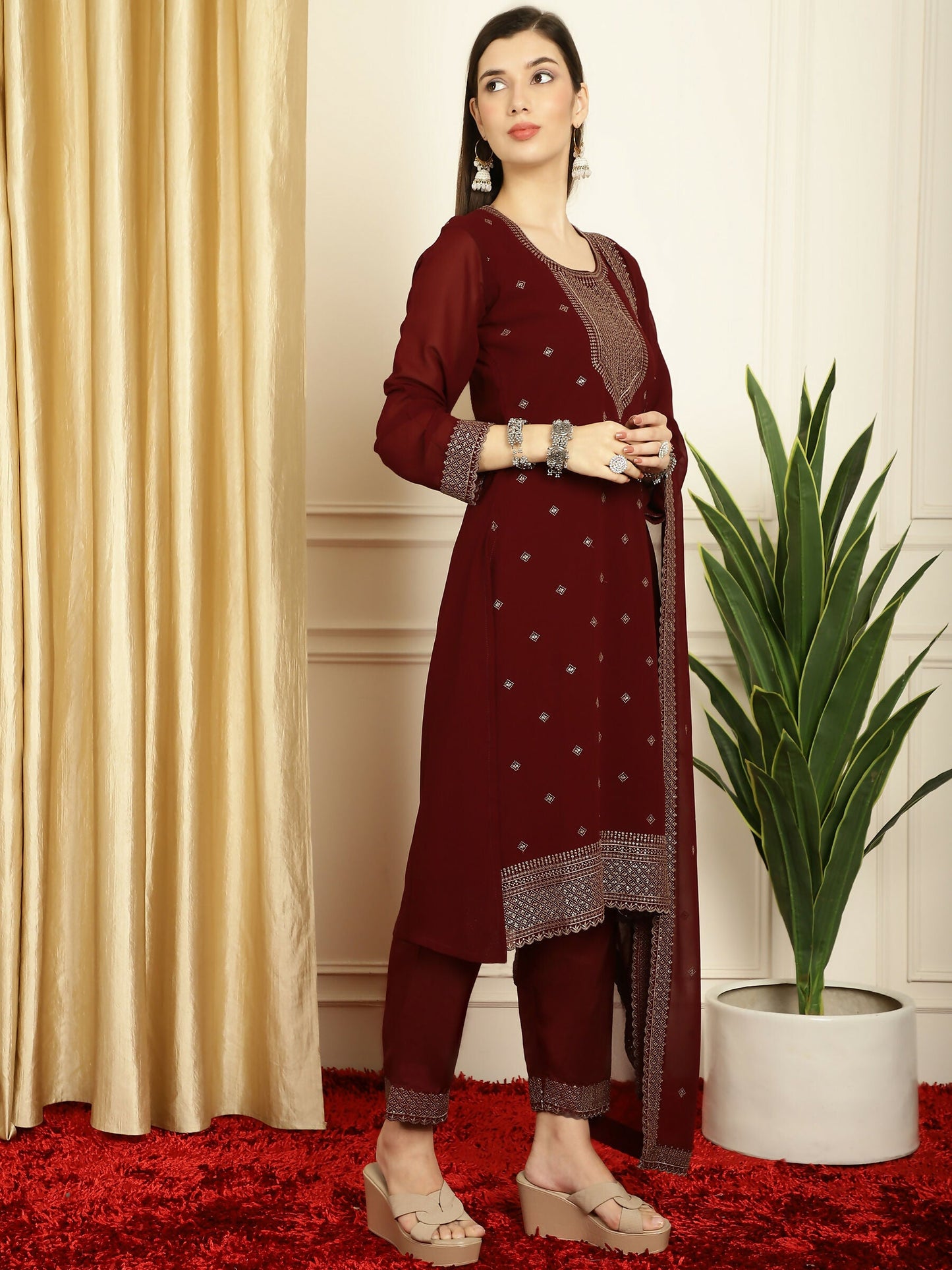 Jyoti Fashion Women's Maroon Georgette Resham Thread & Sequin Kurta with Trouser & Dupatta