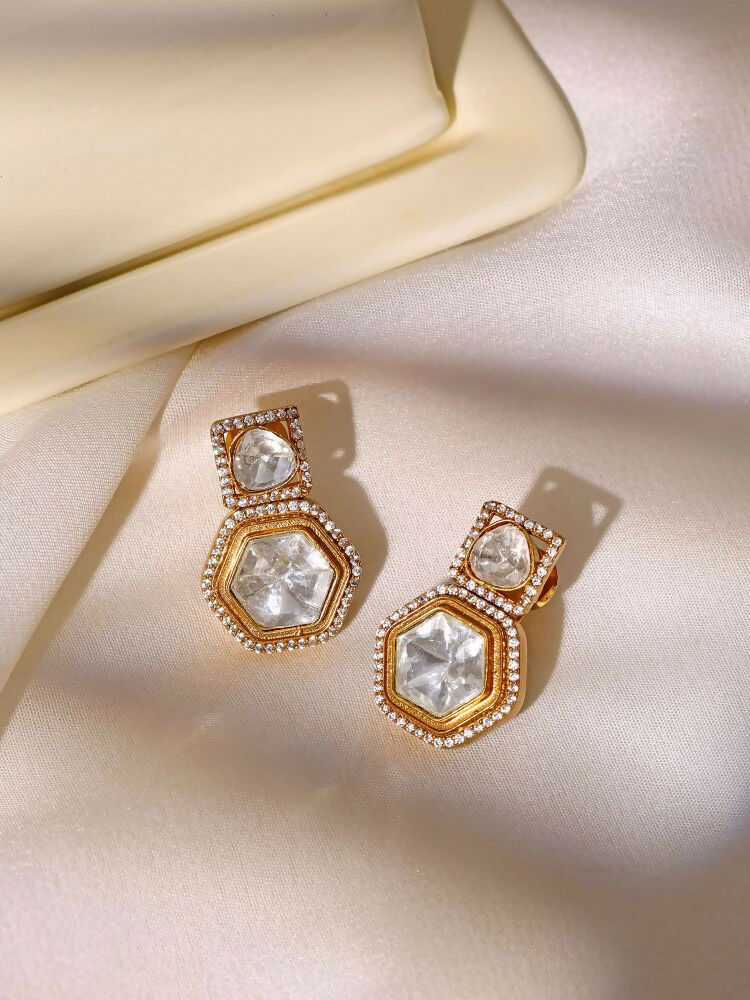 square kundan earrings with hexagon drop - Ruby Raang