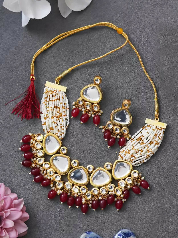 Joban Fashion Maroon Kundan Work Necklace Set
