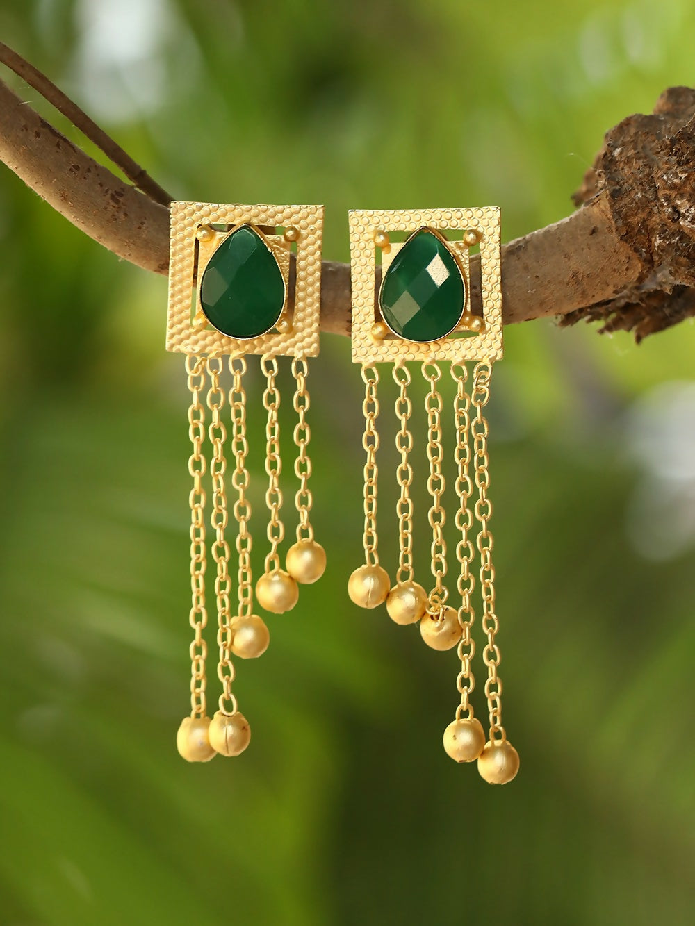 Joban Fashion Women Green Stone Golden Beats Matte Gold Earrings