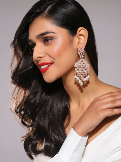 Rose Gold Long Earrings with Pearl Drops- Ruby Raang