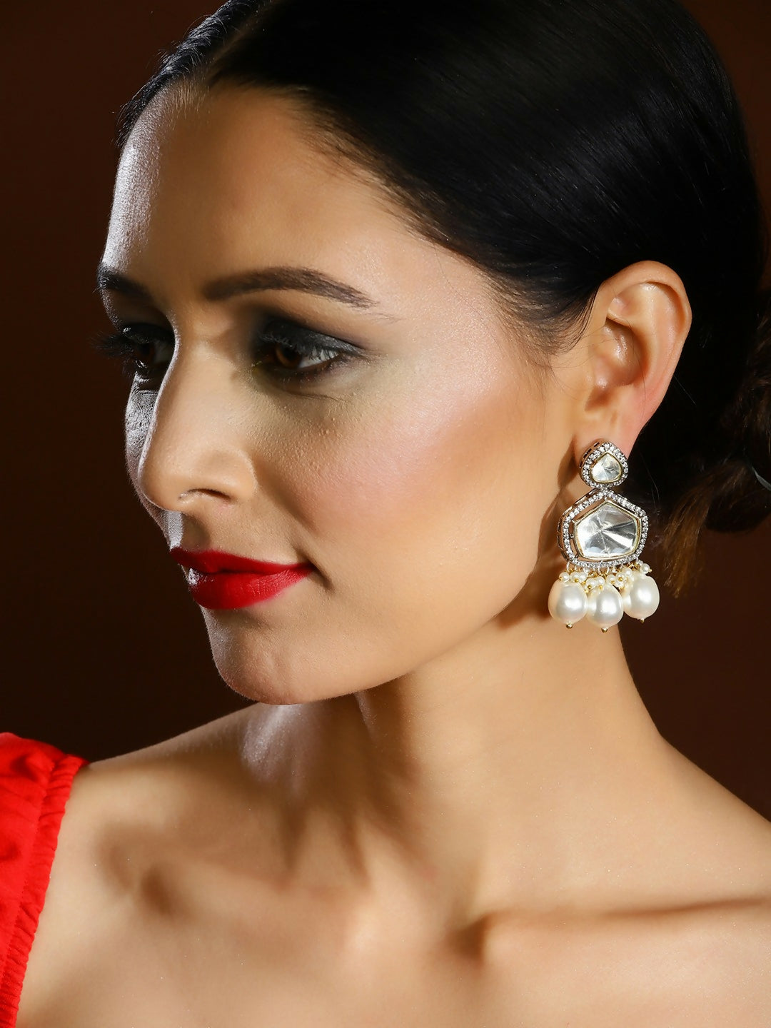 Kundan and Diamond Stone Earrings with Pearls- Ruby Raang