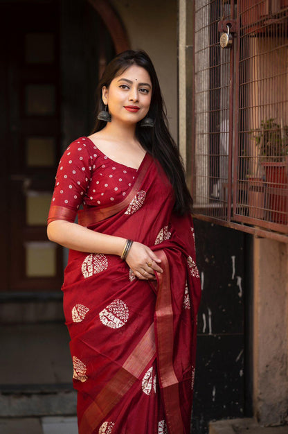 Maroon Cotton Crepe Batik Print Saree with Unstitched Blouse - Hiral Fashion