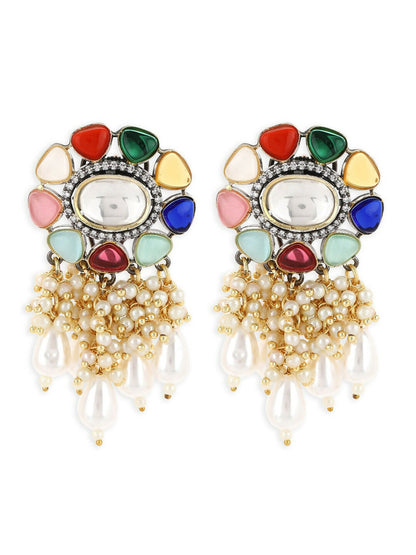 Navaratan Studs with Pearl Drops- Ruby Raang